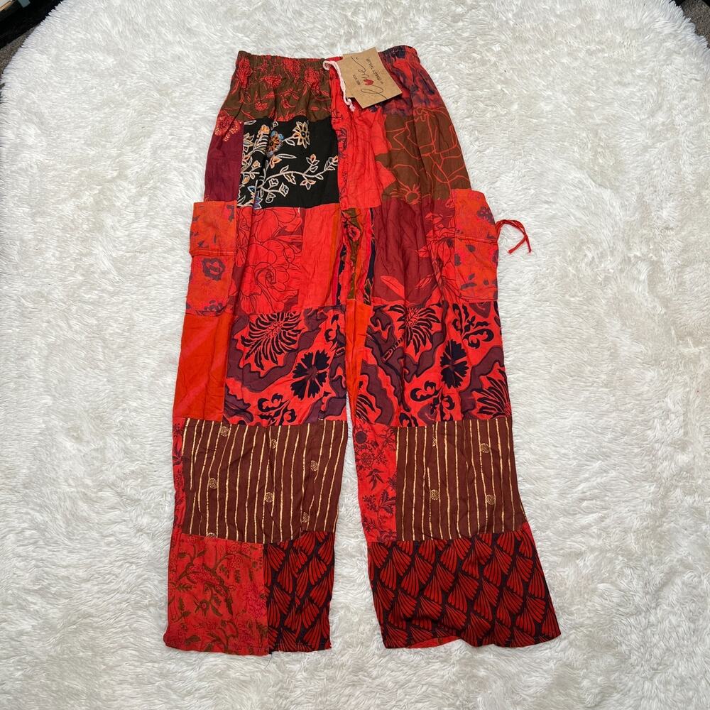 ASHLEY TAYLOR WOMENS PATCHWORK PANTS BOHO HIPPIE HAREM TROUSERS RED OSFM 2